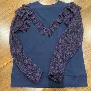 Drew Navy Sweatshirt with Floral Ruffled Sleeves